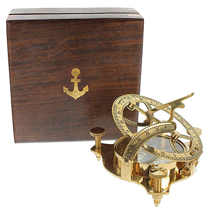  5MoonSun5's Captain Brass Sundial Compass with Hardwood Wooden Box 4''