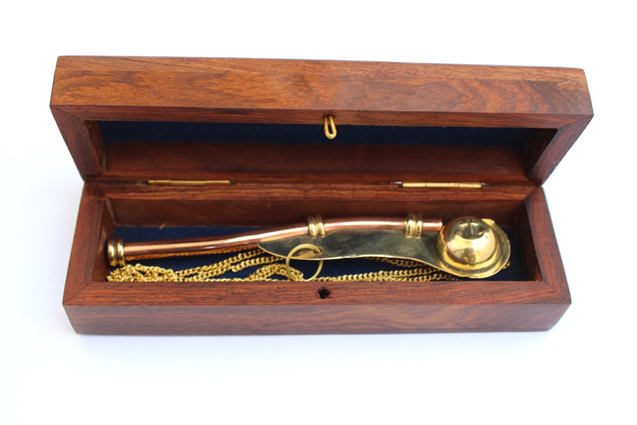 5MoonSun5's Nautical Solid Brass & Copper Boatswain (Bosun) 5" Whistle Chain with Rosewood Box - Image 2