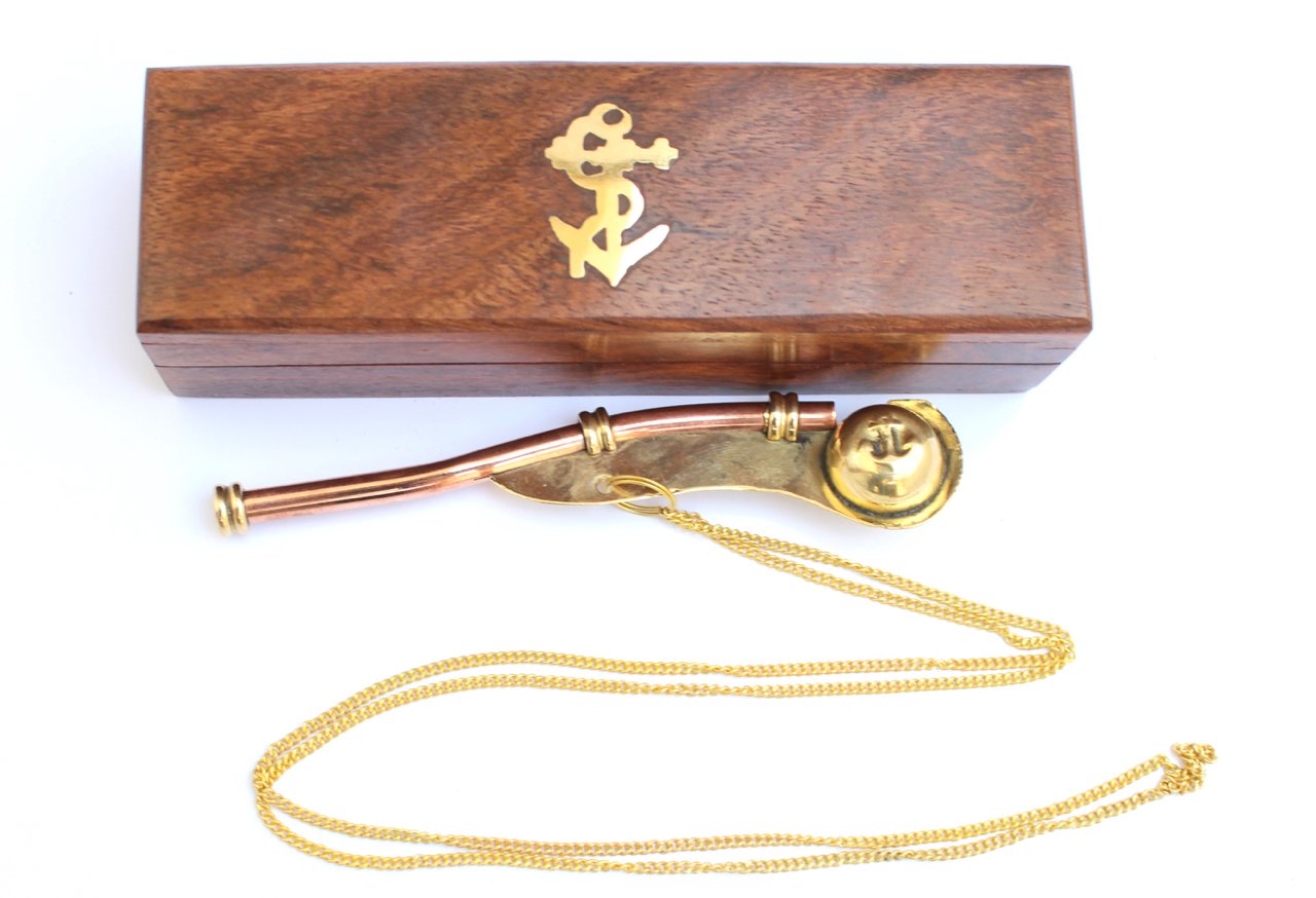 5MoonSun5's Nautical Solid Brass & Copper Boatswain (Bosun) 5" Whistle Chain with Rosewood Box