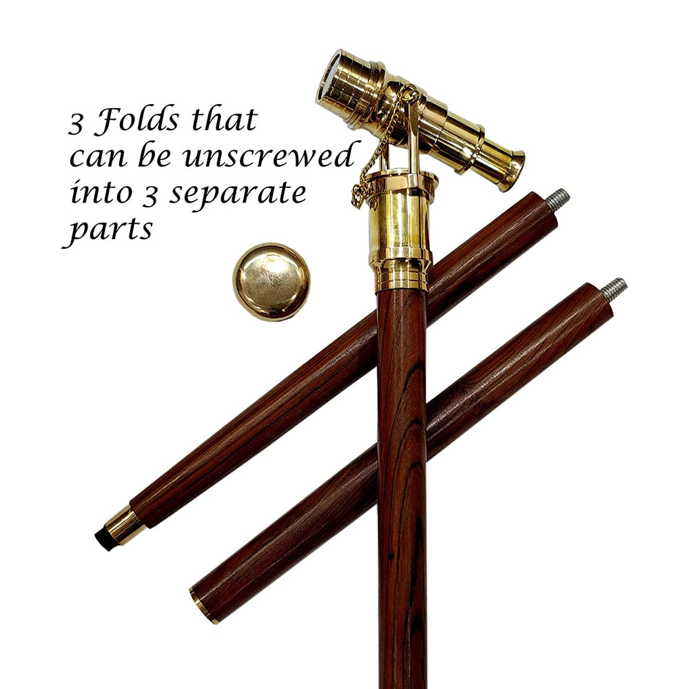 5MoonSun5's Vintage Brass Handle Victorian Telescope Head Foldable Wooden Walking Stick Cane (Brass Finish) - Image 3