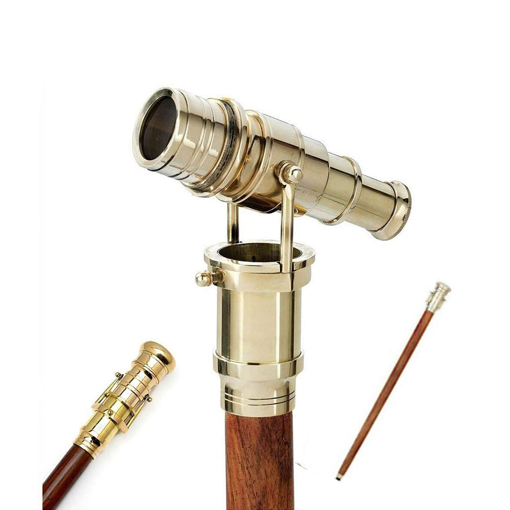 5MoonSun5's Vintage Brass Handle Victorian Telescope Head Foldable Wooden Walking Stick Cane (Brass Finish) - Image 4