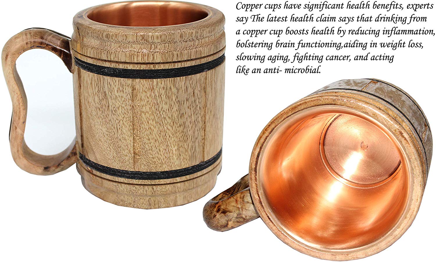Handmade wooden Beer Mug copper Cup Carved Natural Beer Stein Old-Fashioned Barrel Brown Vintage Bar accessories - Wood Carving stark Beer Mug Great Retro Design Beer Tankard for Men 16oz - Image 2