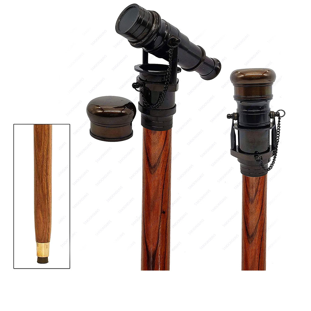 Vintage Brass Handle Victorian Telescope Head Fold-able Wooden Walking Stick Cane (Black Antique)
