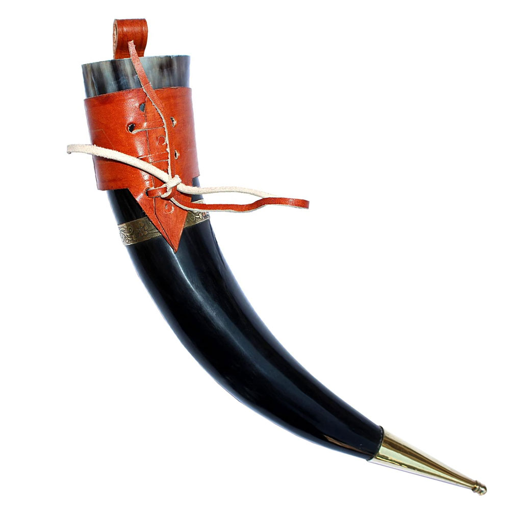 Beer horn mug Game of thrones brass adorned vikings with attractive leather belt (HRNSTND-559)