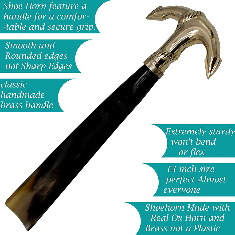 Shoe Horn Made with Real Horn Handmade. Easy Grip Long Brass anchor handle Shoehorn. (14''brass) - Image 3