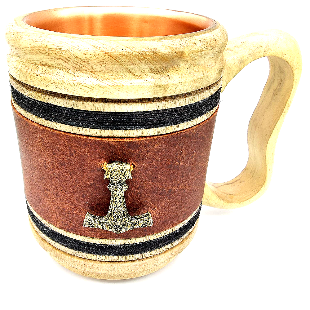 Handmade wooden Beer Mug copper Cup Carved Natural Beer Stein 16oz