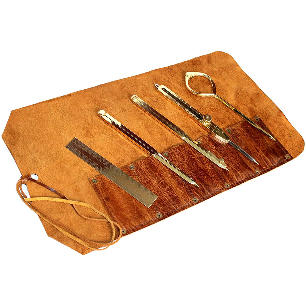 Proportional Divider Set of 5, Full Brass dividers with Executive Handmade Leather Roll Tools Bag, Single Handed 8".
