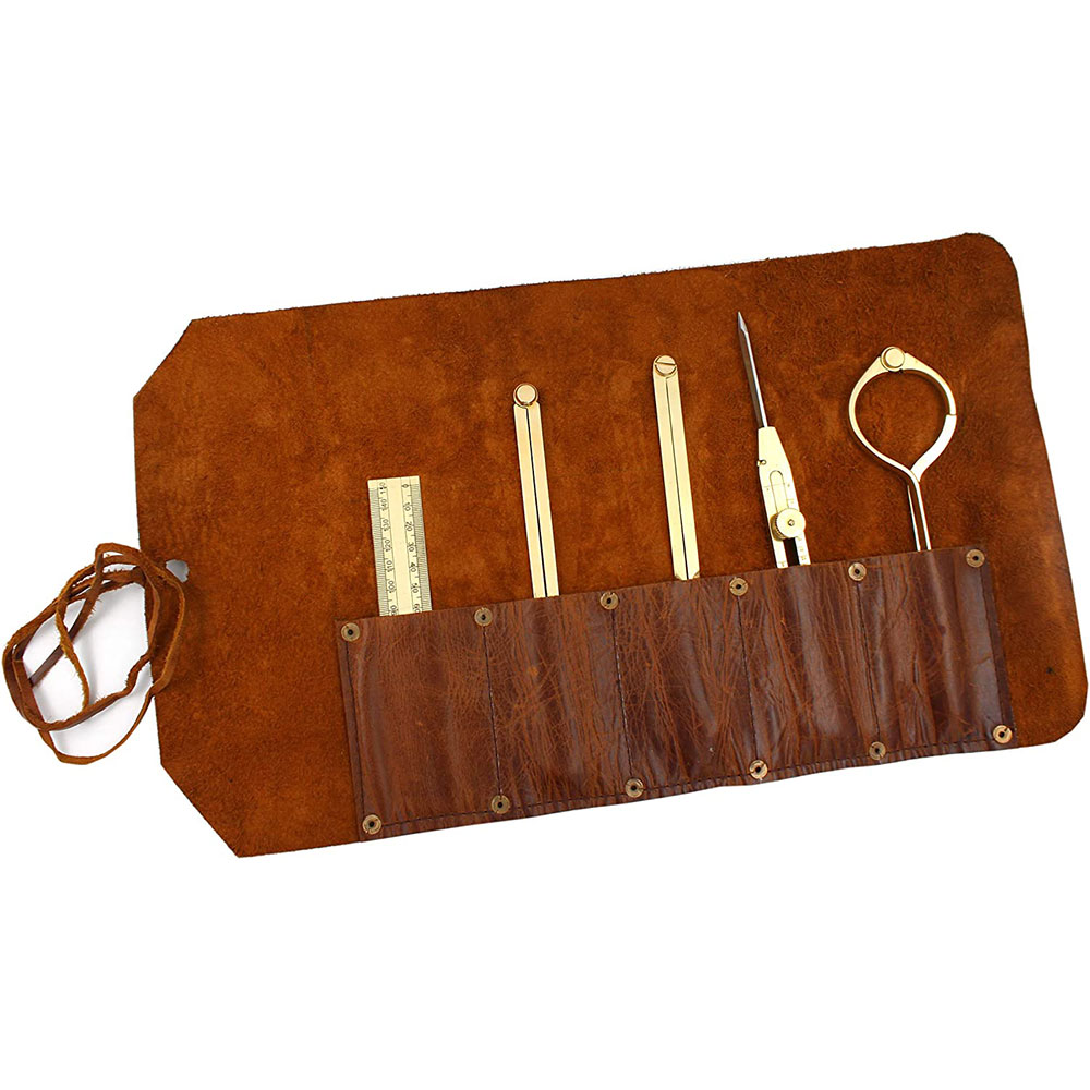 Proportional Divider Set of 5, Full Brass dividers with Executive Handmade Leather Roll Tools Bag, Single Handed 8". - Image 2