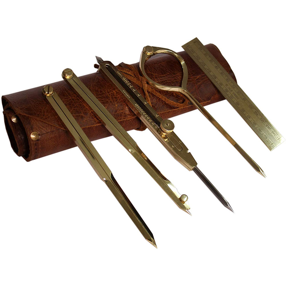 Proportional Divider Set of 5, Full Brass dividers with Executive Handmade Leather Roll Tools Bag, Single Handed 8". - Image 4