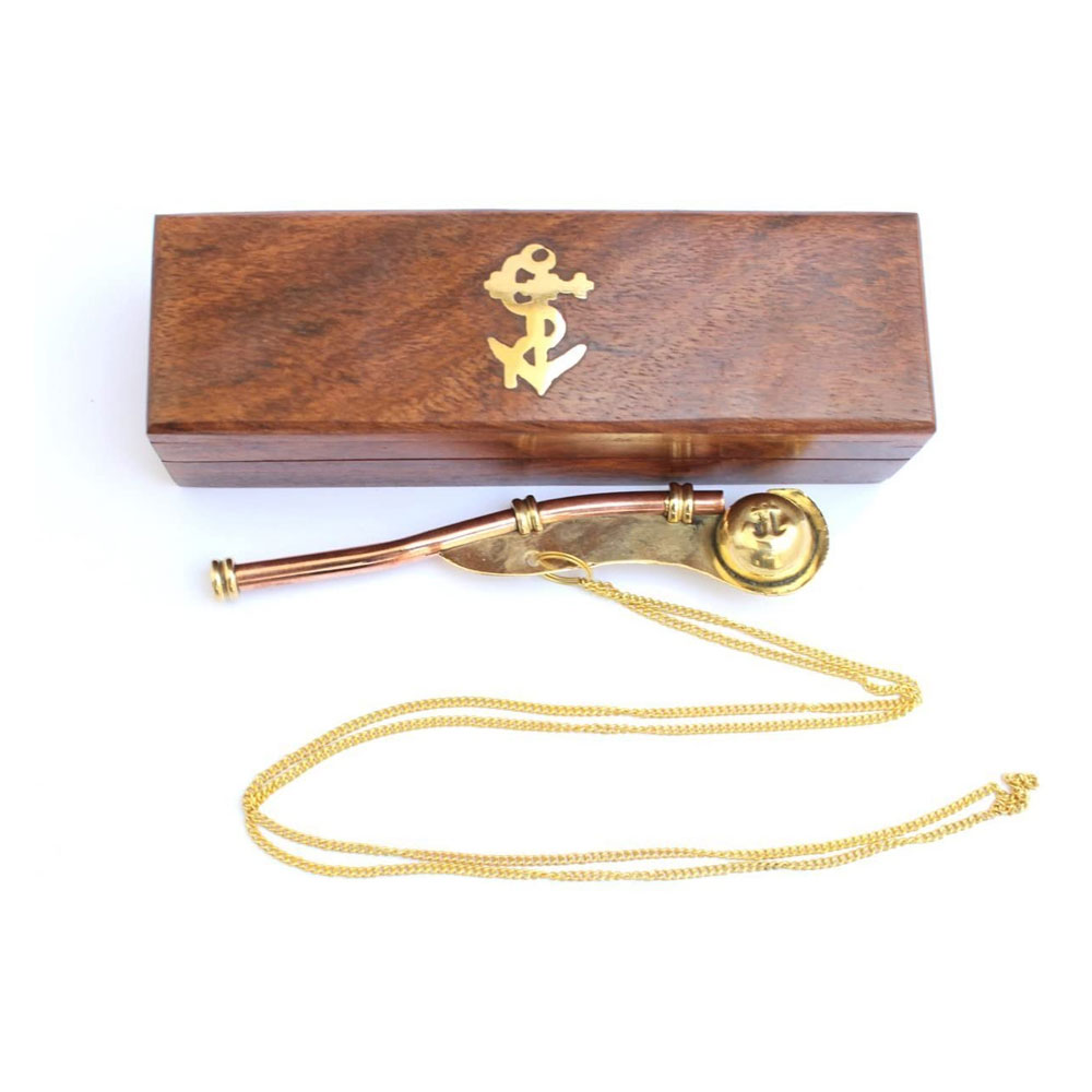 Nautical Solid Brass/Copper Boatswain (Bosun) Whistle with Rosewood Box 5 Brass Made