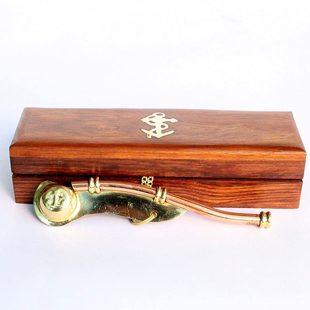 Nautical Solid Brass/Copper Boatswain (Bosun) Whistle with Rosewood Box 5 Brass Made - Image 3
