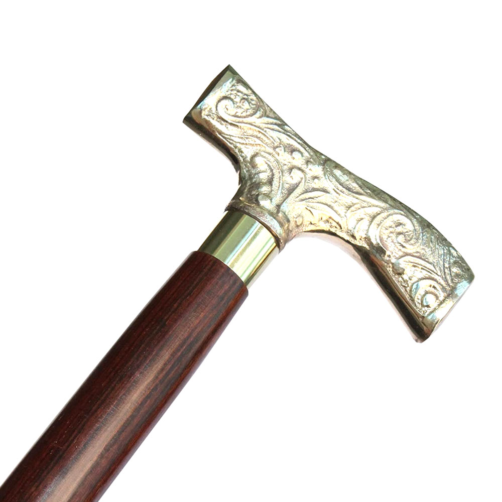 Walking Stick Brown Ebony Brass Shape Handle in Golden Tone Natural Wood Unisex Cane