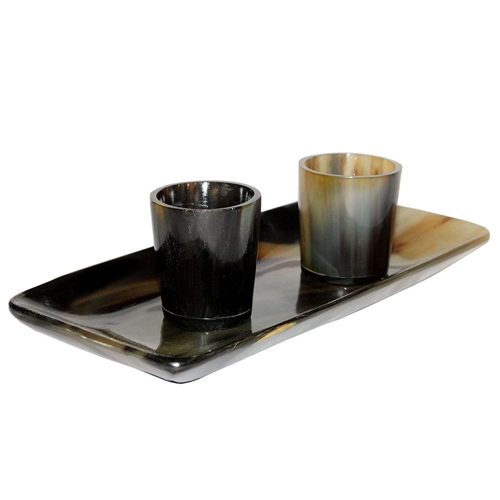Ox Horn Whisky Tot Cup Nip viking drinking and game of thrones Shot Glass with tray set of 2