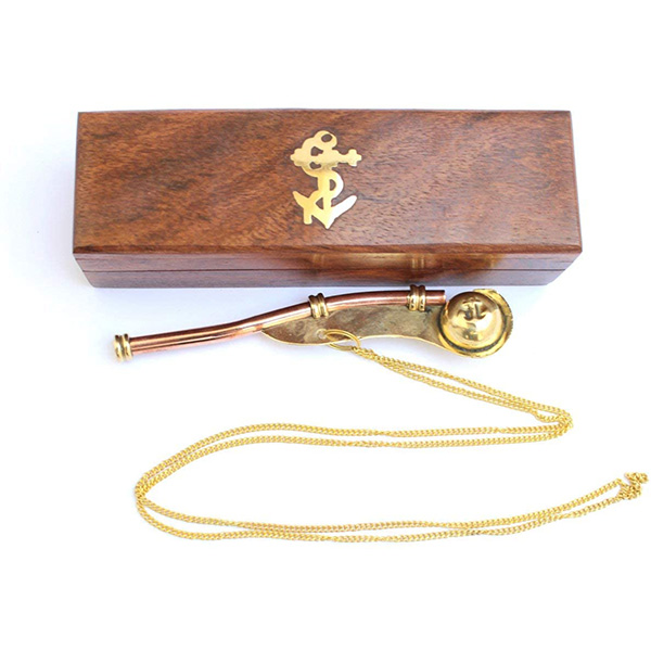 Nautical Solid Brass Copper Boatswain (Bosun) 5" Whistle Chain Rosewood Box