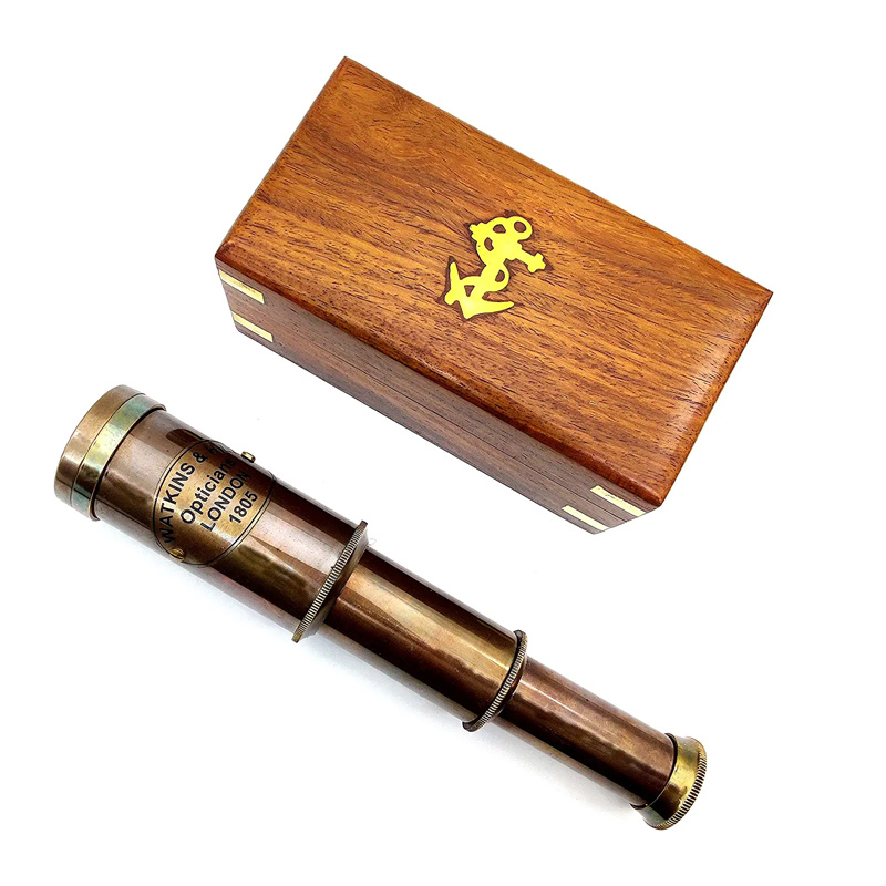 Nautical Brass Spyglass Telescope with Wooden Box, Brass Pirate Brass Telescope