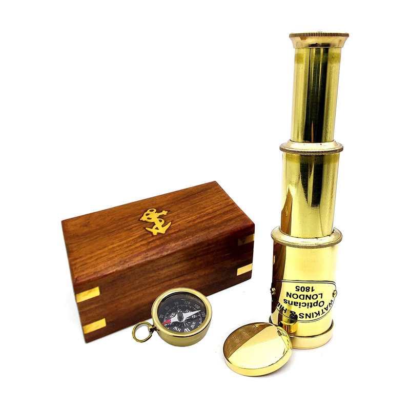 Nautical Brass Spyglass Telescope with Wooden Box, Brass Pirate Brass Telescope