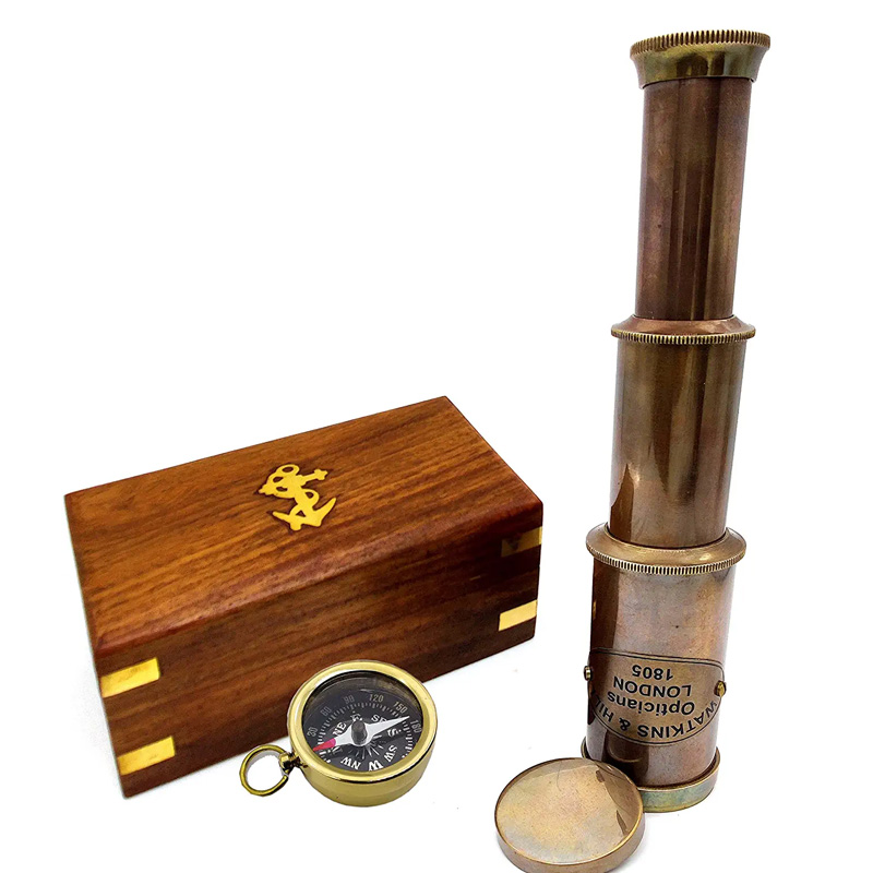 Nautical Brass Spyglass Telescope with Wooden Box, Brass Pirate Brass Telescope
