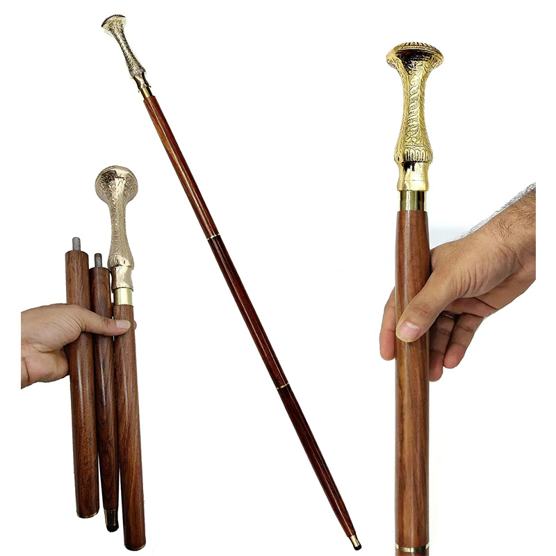 Brass Walking Stick Vintage Handle Victorian Telescope Head Foldable Wooden Walking Stick