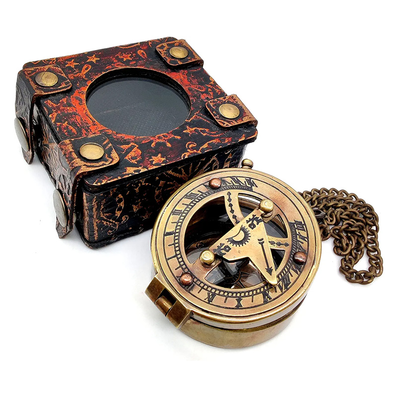 Brass Sundial Compass with Leather Display Case and Chain - Steampunk Accessory