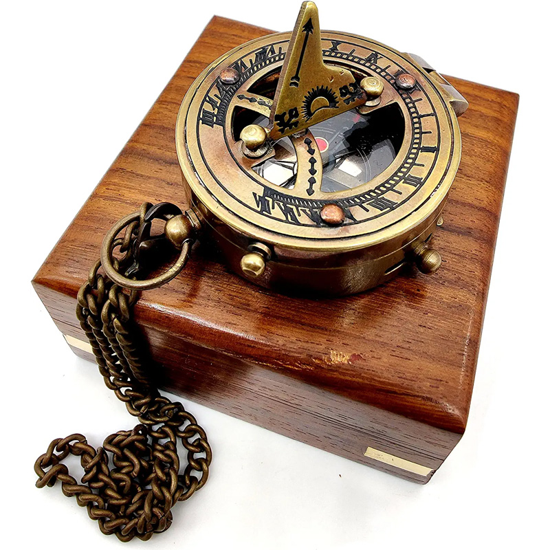 Brass Sundial Compass with Wooden Case and Chain Steampunk Accessory Beautiful Handmade Gift