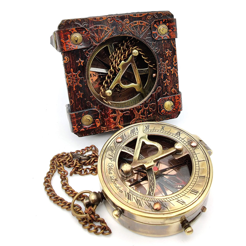 Antique Brass Sundial Compass Marine Boat Pocket Sun Dial in Leather Display Box Gift Sun Clock