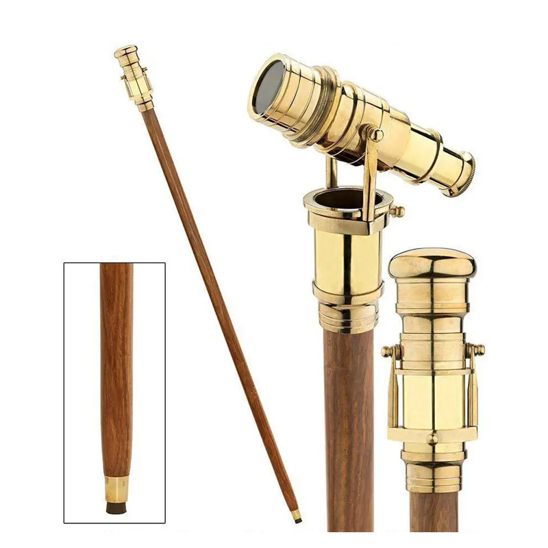 Sun & Moon Vintage Brass Handle Victorian Telescope Head Foldable Wooden Walking Stick - Image 2