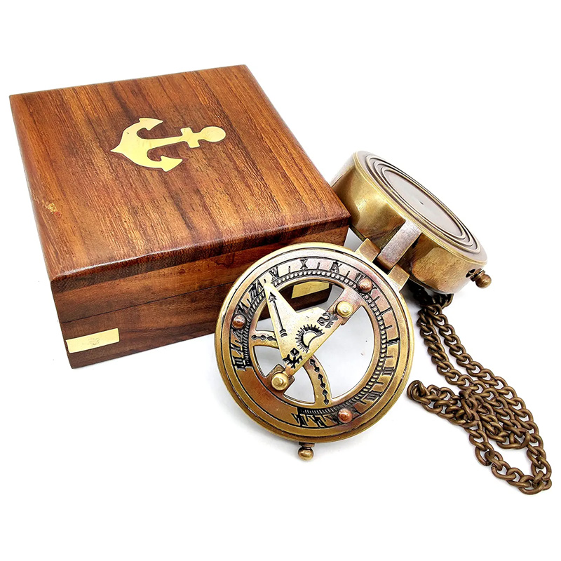 Brass Sundial Compass with Wooden Case and Chain Steampunk Accessory Beautiful Handmade Gift - Image 2