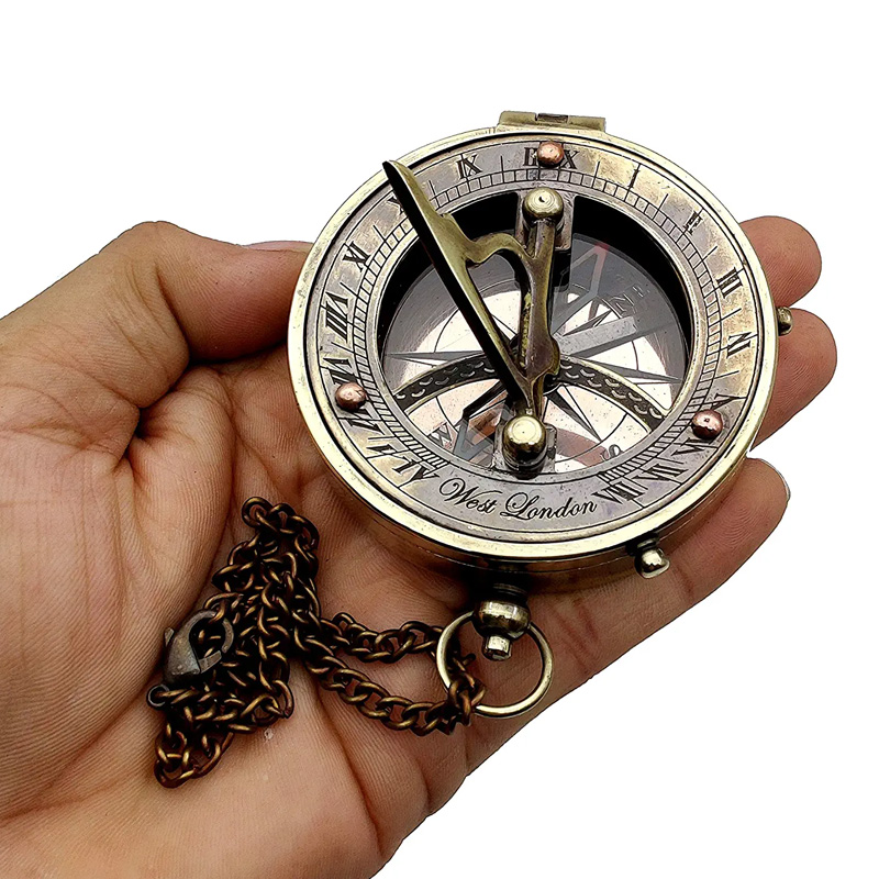 Antique Brass Sundial Compass Marine Boat Pocket Sun Dial in Leather Display Box Gift Sun Clock - Image 2