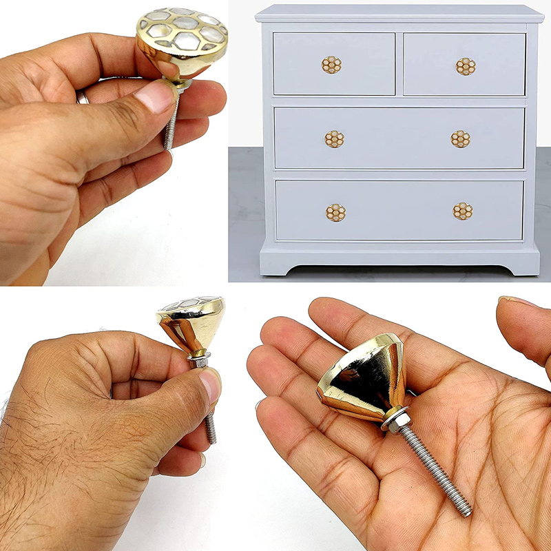 Brass Mother of Pearl Door Knobs/Drawer Pulls Dresser Door Wardrobes & Kitchen Grey Honeycomb Decor - Image 2