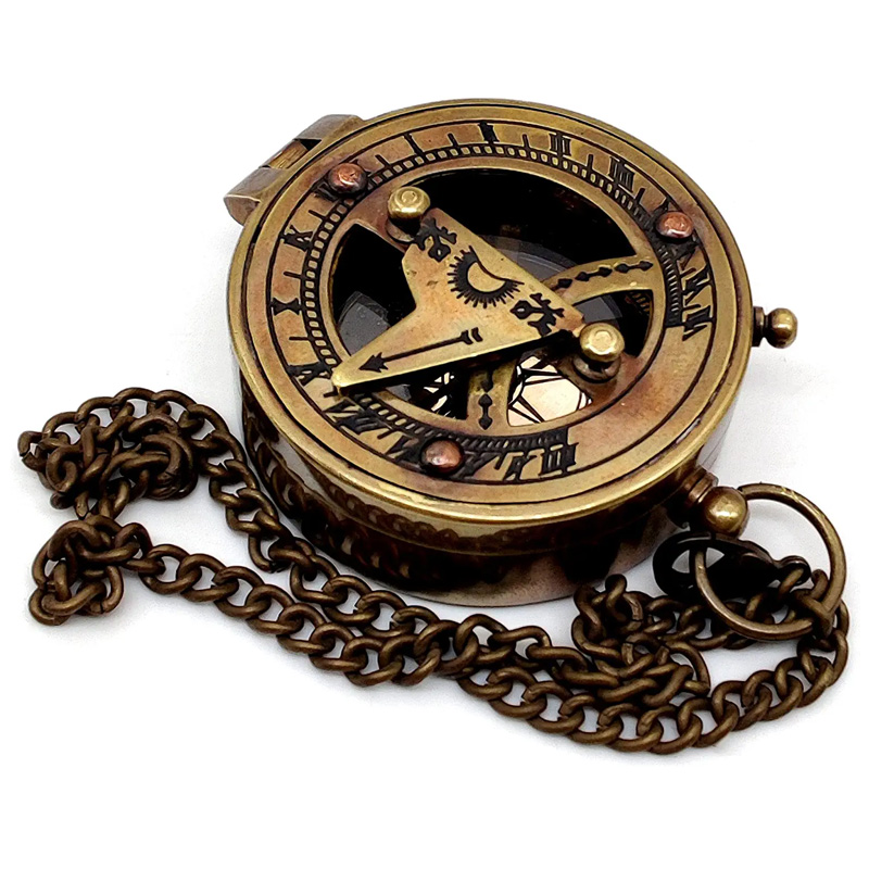 Brass Sundial Compass with Wooden Case and Chain Steampunk Accessory Beautiful Handmade Gift - Image 3