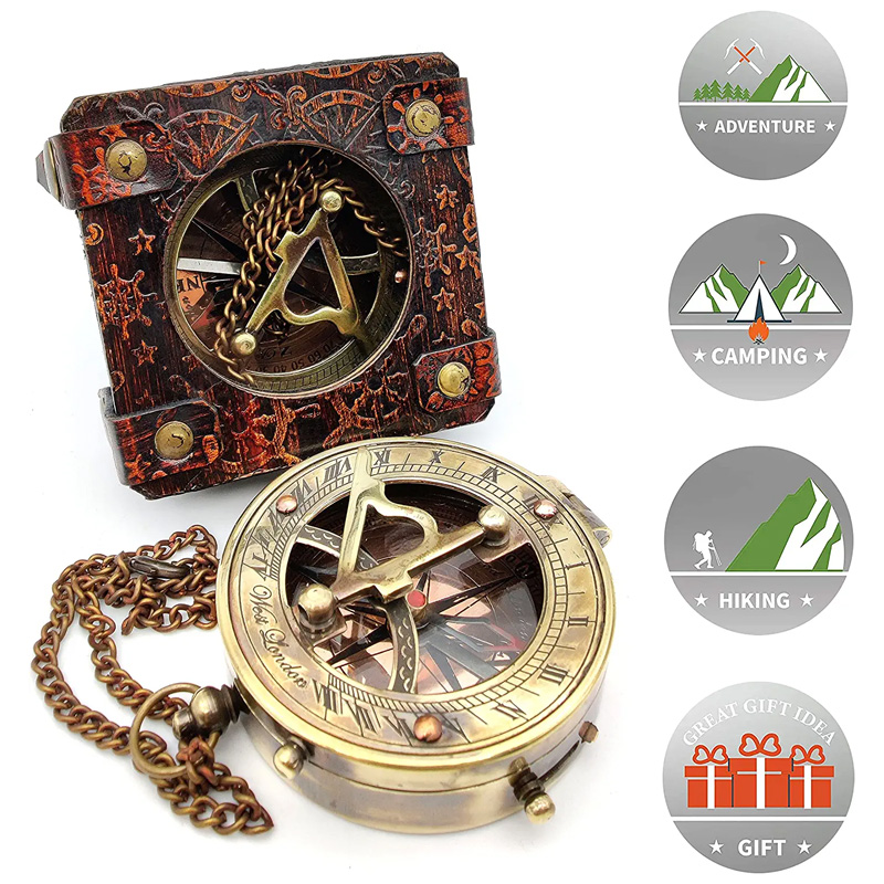 Antique Brass Sundial Compass Marine Boat Pocket Sun Dial in Leather Display Box Gift Sun Clock - Image 4