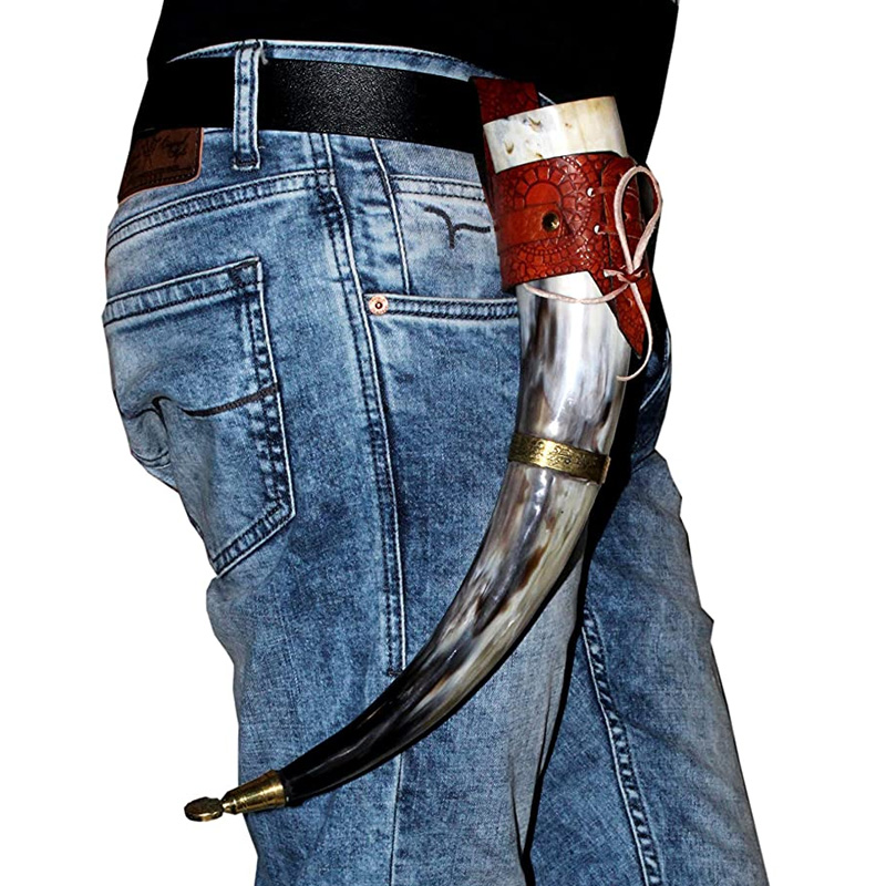 Beer horn mug Game of thrones Brass adorned vikings horn Medieval Drinking Horn leather belt - Image 4