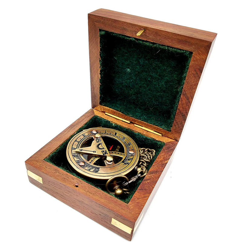 Brass Sundial Compass with Wooden Case and Chain Steampunk Accessory Beautiful Handmade Gift - Image 4