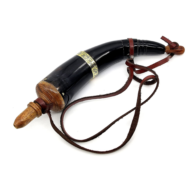 Hand Carved Powder Horn with Leather Strap and Brass ring for Civil War