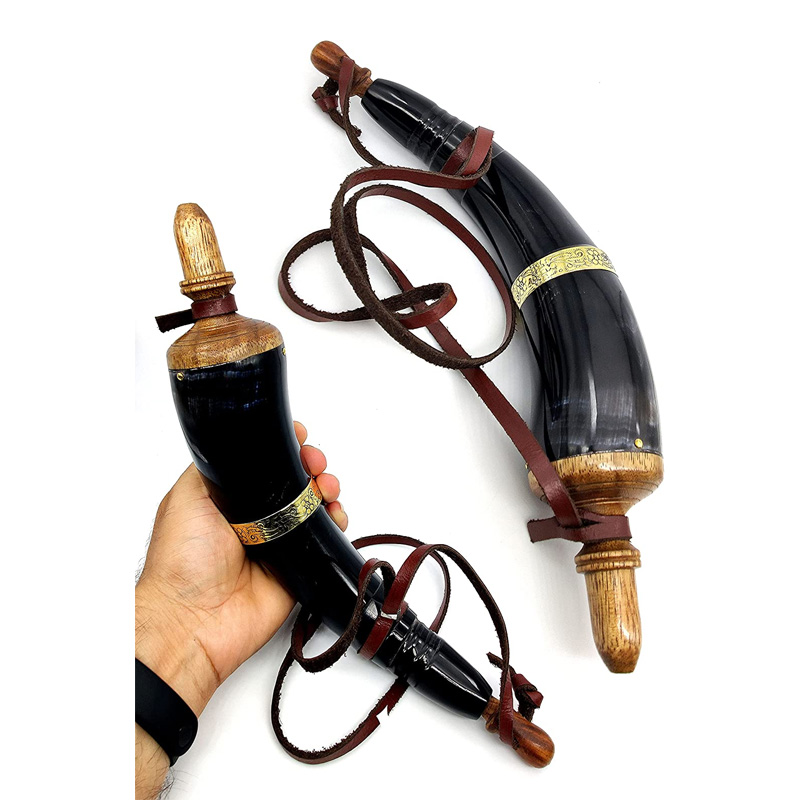 Hand Carved Powder Horn with Leather Strap and Brass ring for Civil War - Image 2