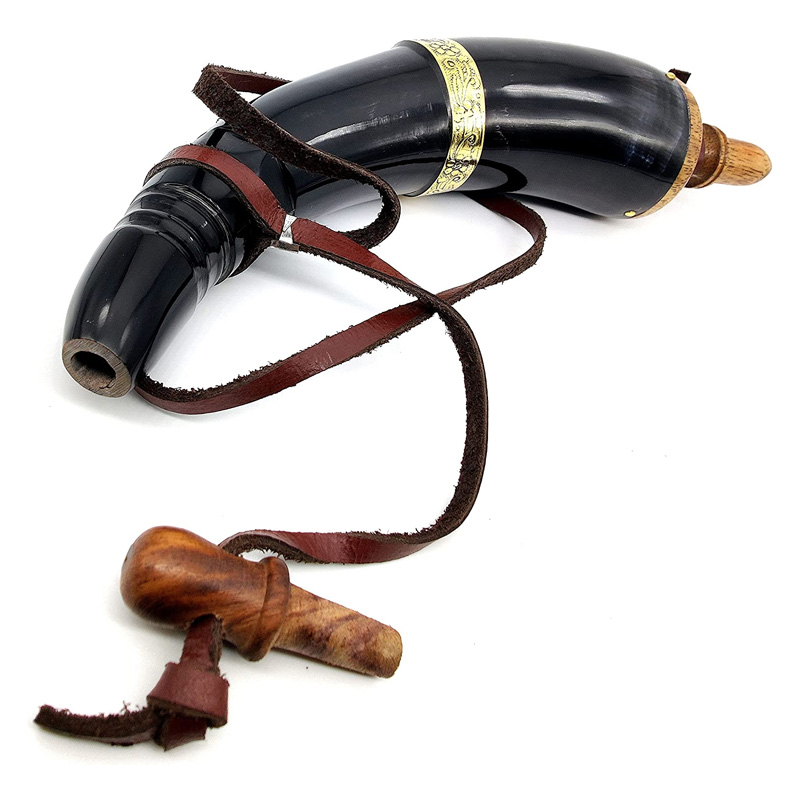 Hand Carved Powder Horn with Leather Strap and Brass ring for Civil War - Image 3
