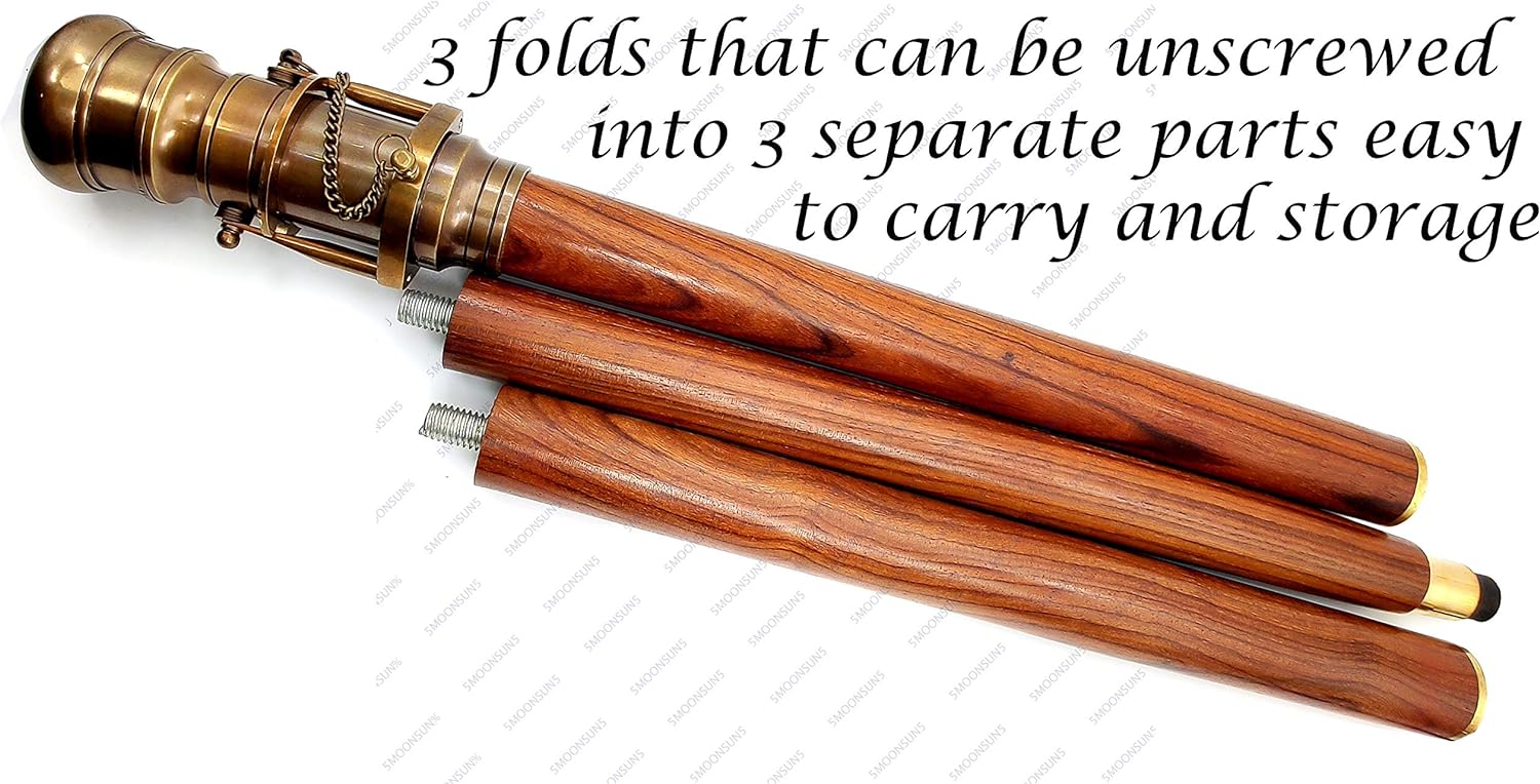 Brass Walking Stick with Foldable Telescope Handle - Vintage Steampunk Design - Wooden Cane for Men and Women - Image 4