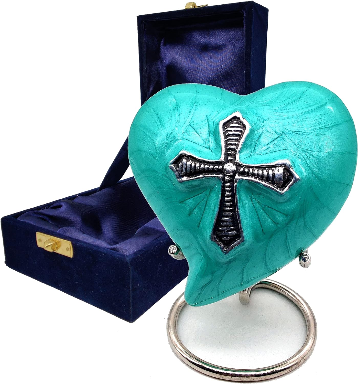 Cross Heart Cremation Urn | Handcrafted Keepsake | Stand & Gift Box | Sea Green - Image 3