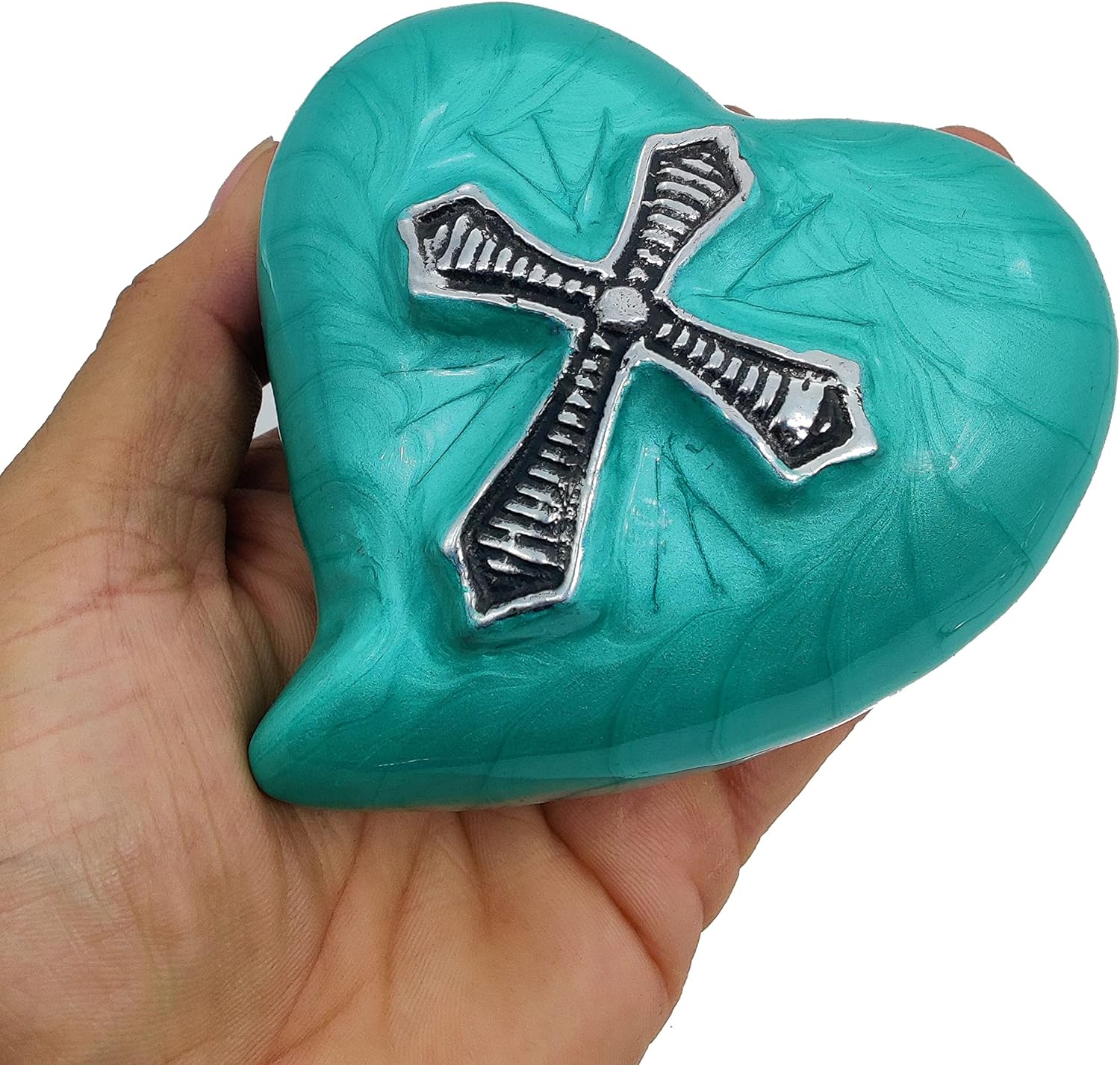 Cross Heart Cremation Urn | Handcrafted Keepsake | Stand & Gift Box | Sea Green - Image 2