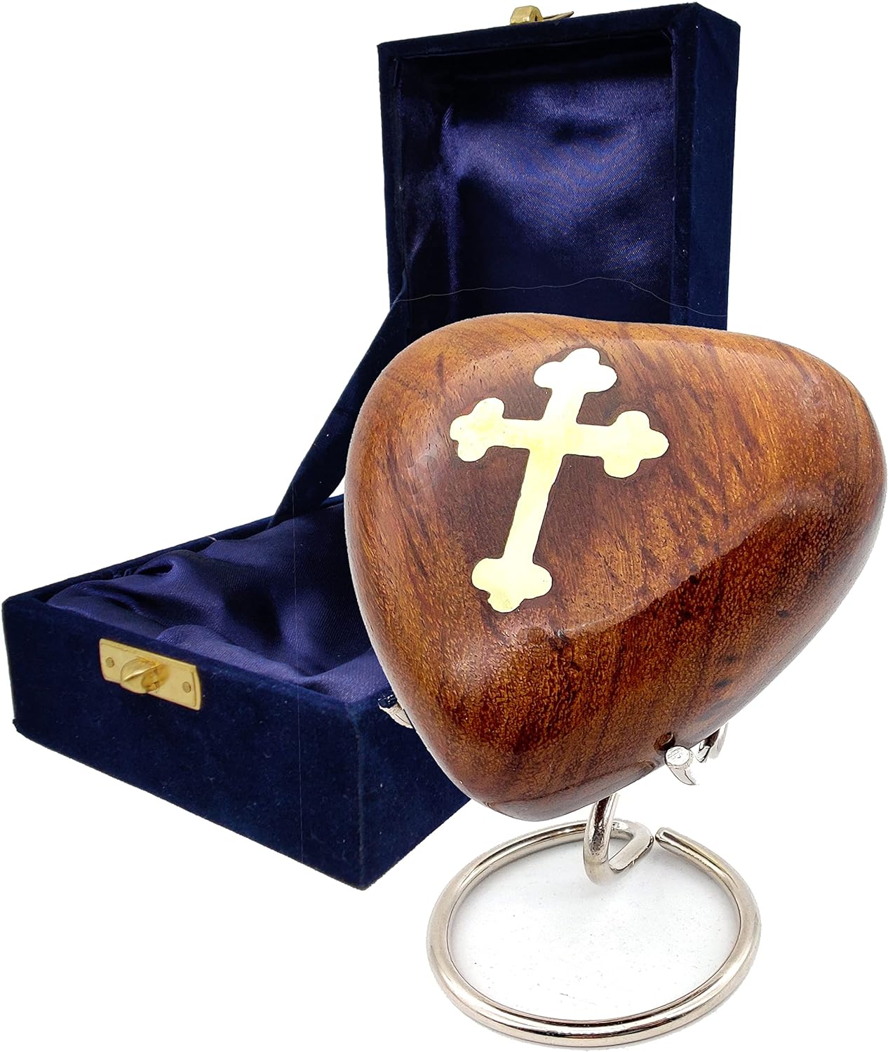 Wooden Heart Keepsake Urn with Cross Inlay | Mini Ash Urn for Ashes | Handcrafted Cremation Urn - Tribute to Your Loved One with Premium Box and Display Stand - Image 3