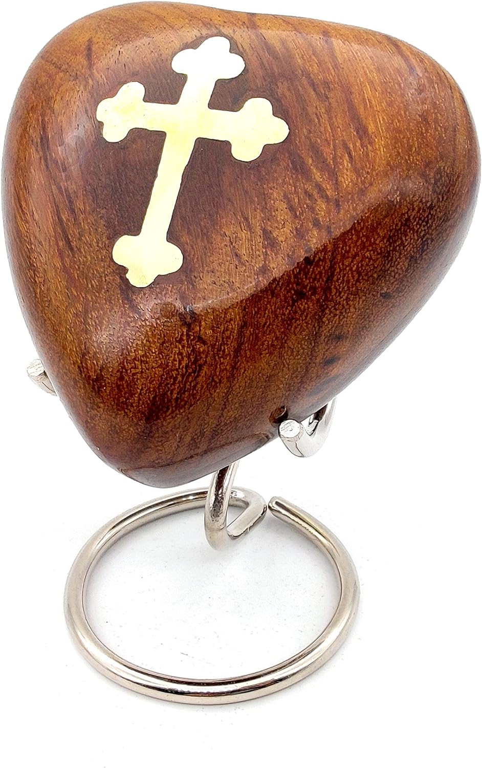 Wooden Heart Keepsake Urn with Cross Inlay | Mini Ash Urn for Ashes | Handcrafted Cremation Urn - Tribute to Your Loved One with Premium Box and Display Stand