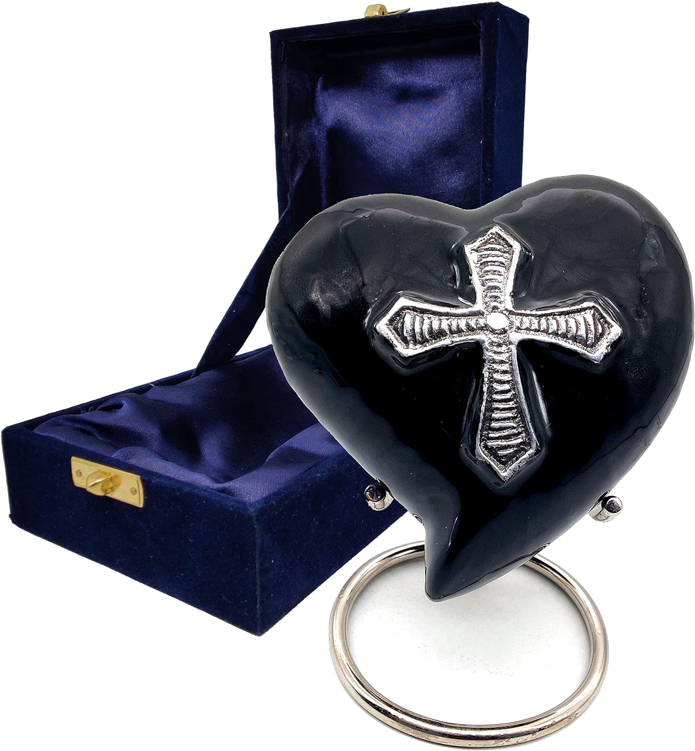 Heart-Shaped Cross Urn for Human Ashes | Handcrafted Keepsake with Stand & Gift Box (Black) - Image 3
