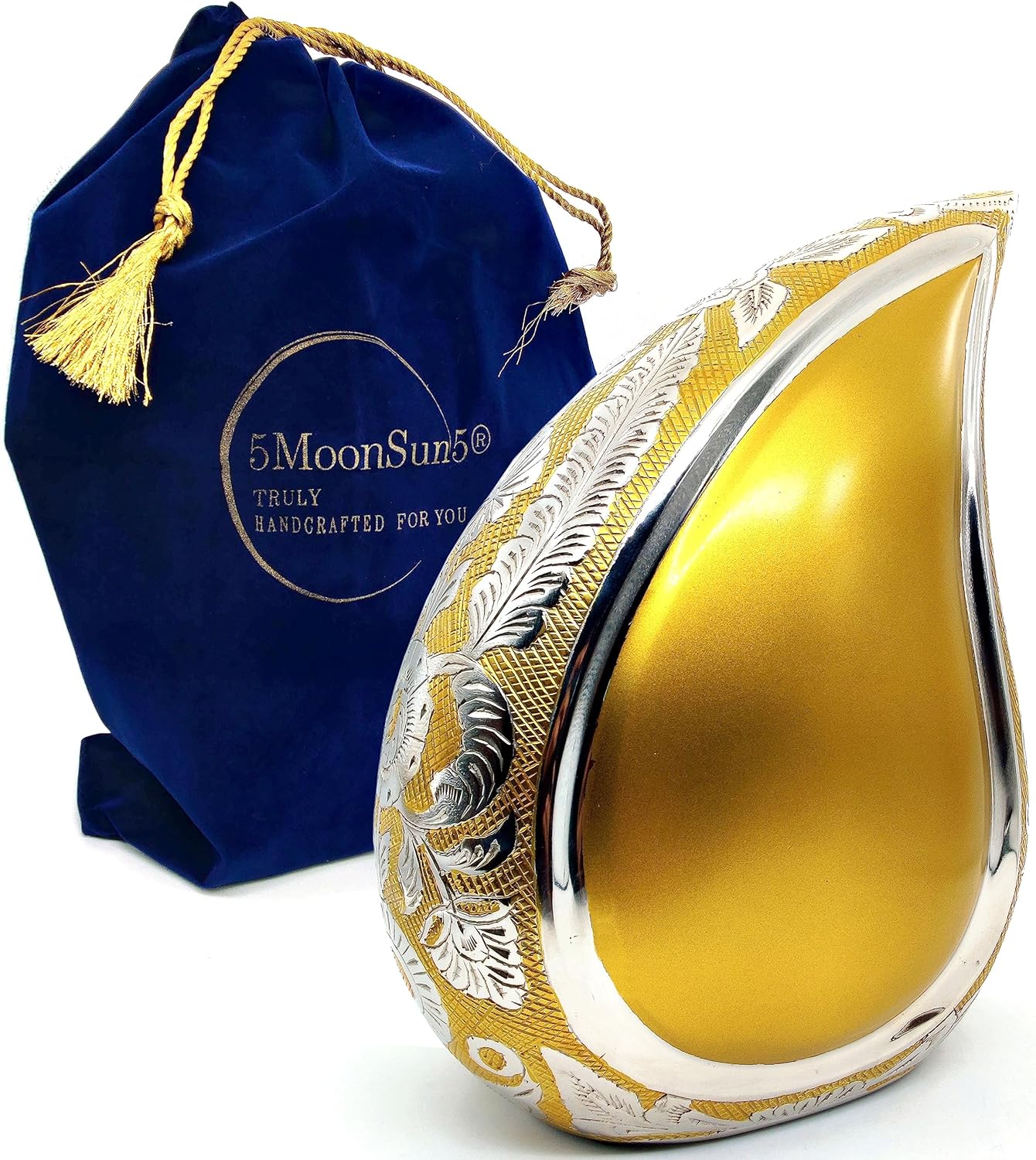 Handcrafted Teardrop Cremation Urn | Engraved Detail | Adult Size, 200 Cubic Inches | Velvet Bag Included | Gold Finish