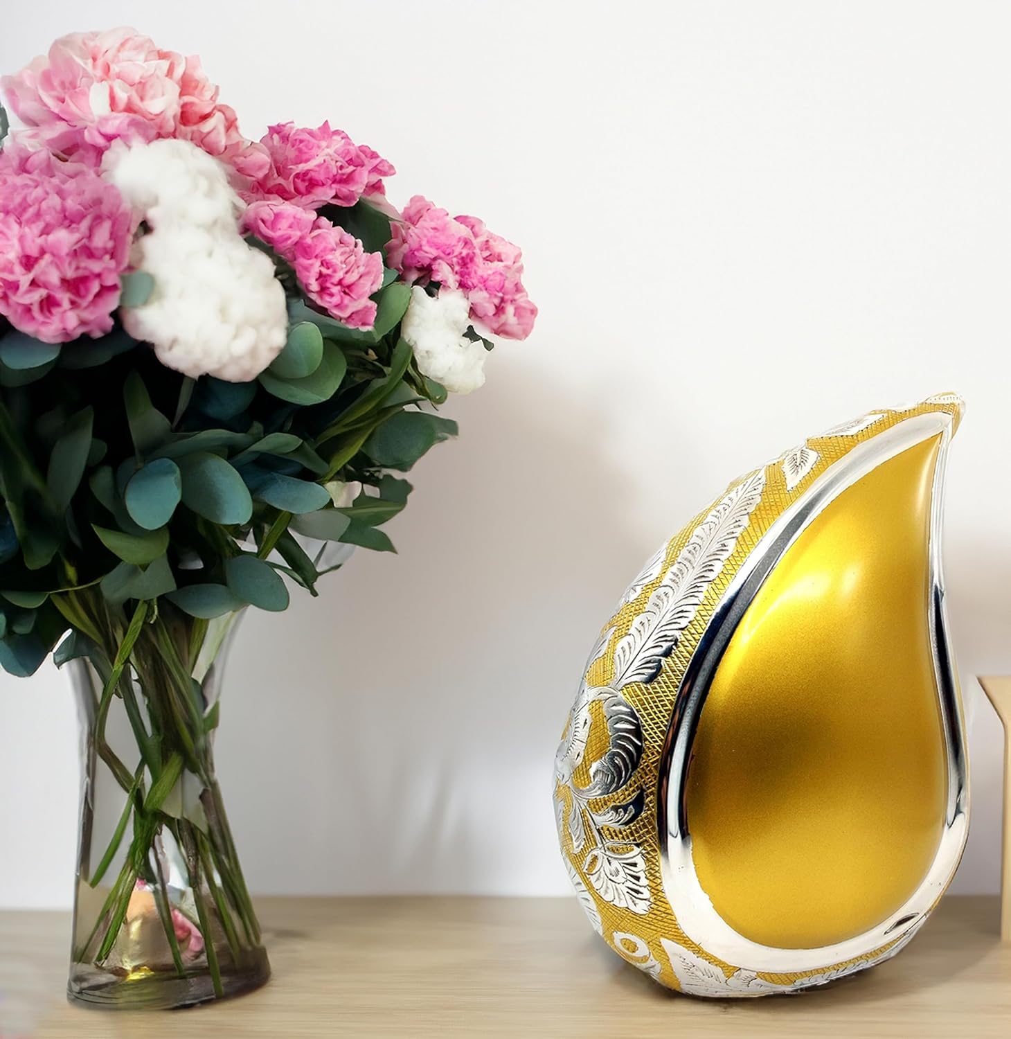 Handcrafted Teardrop Cremation Urn | Engraved Detail | Adult Size, 200 Cubic Inches | Velvet Bag Included | Gold Finish - Image 3
