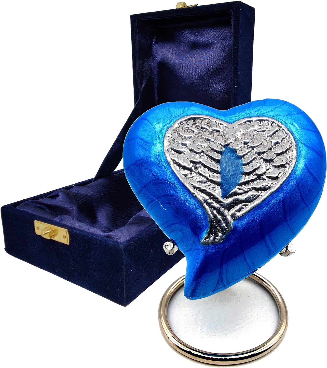 Blue Heart-Shaped Cremation Urn for Adult Human Ashes | Decorative Angel Wings Design | Handcrafted Keepsake Urn with Stand - Image 2