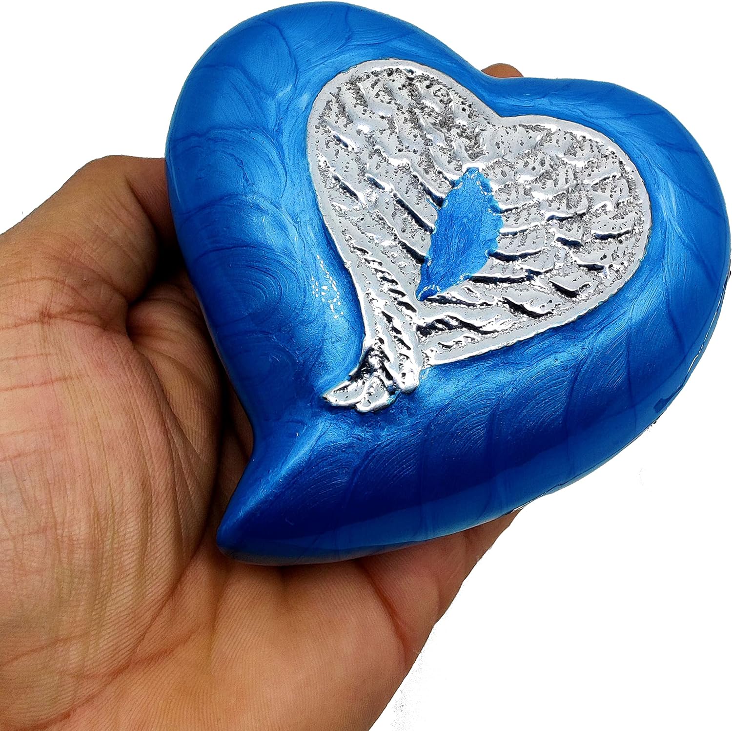 Blue Heart-Shaped Cremation Urn for Adult Human Ashes | Decorative Angel Wings Design | Handcrafted Keepsake Urn with Stand - Image 3