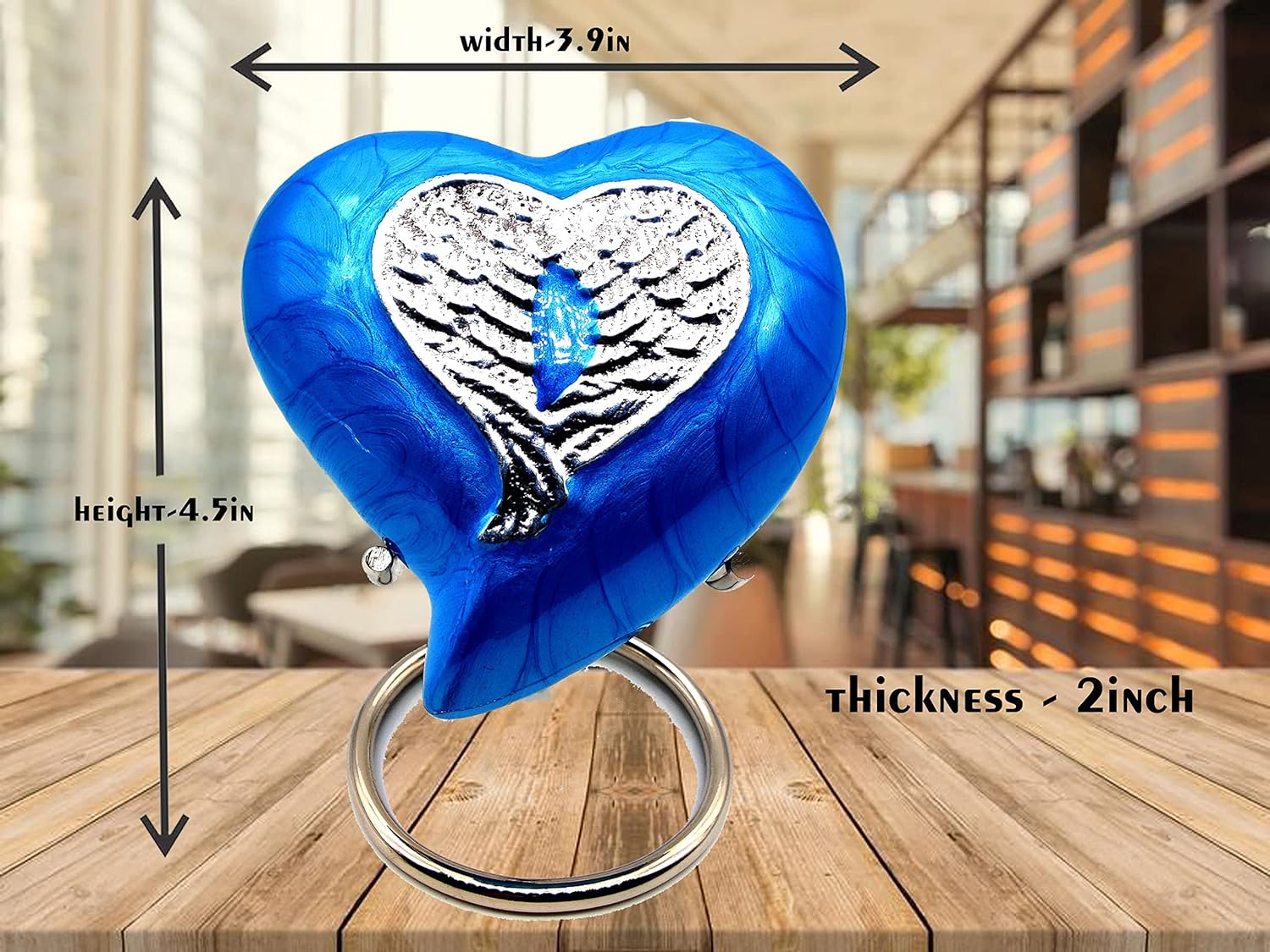 Blue Heart-Shaped Cremation Urn for Adult Human Ashes | Decorative Angel Wings Design | Handcrafted Keepsake Urn with Stand - Image 4