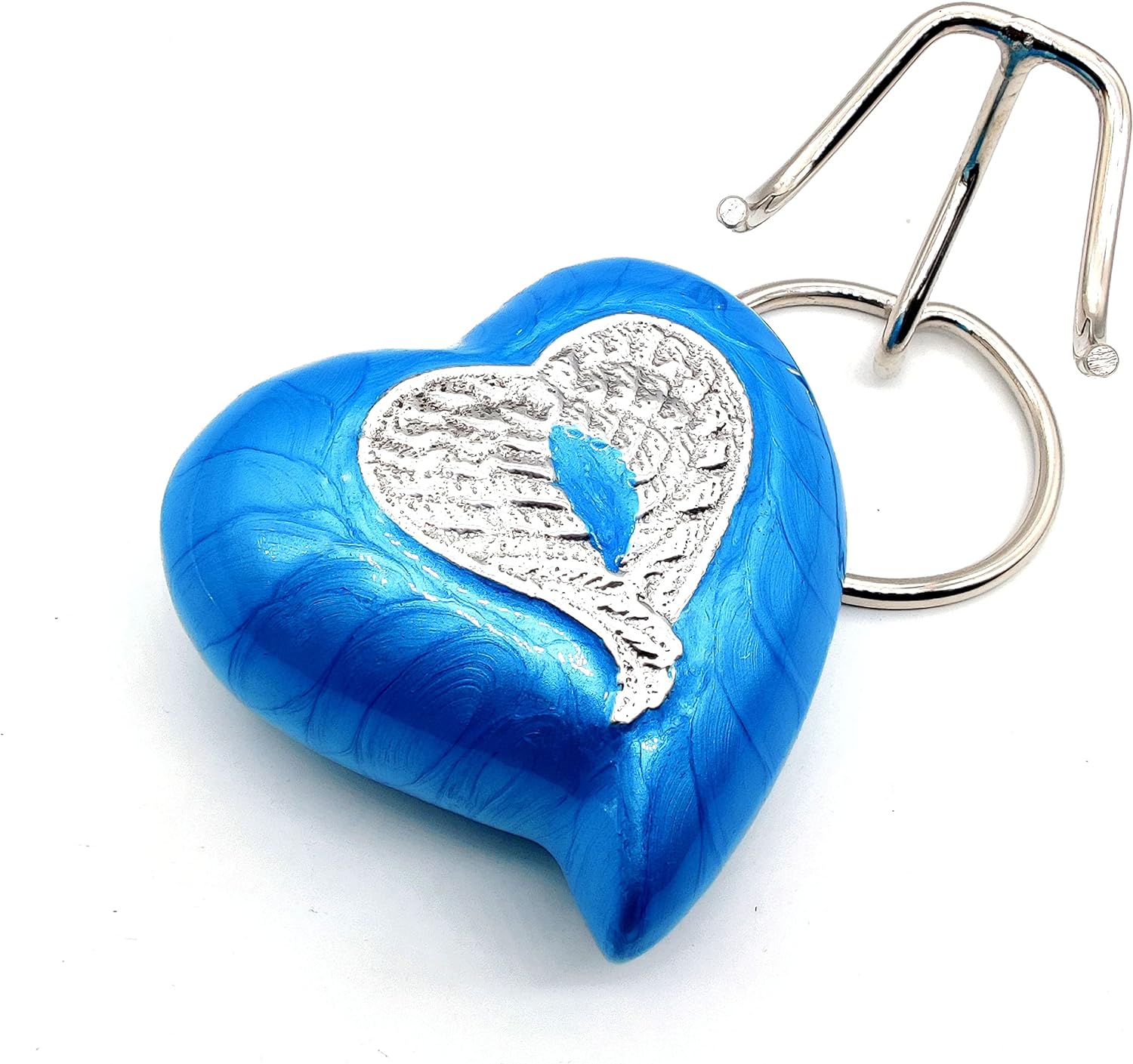 Blue Heart-Shaped Cremation Urn for Adult Human Ashes | Decorative Angel Wings Design | Handcrafted Keepsake Urn with Stand