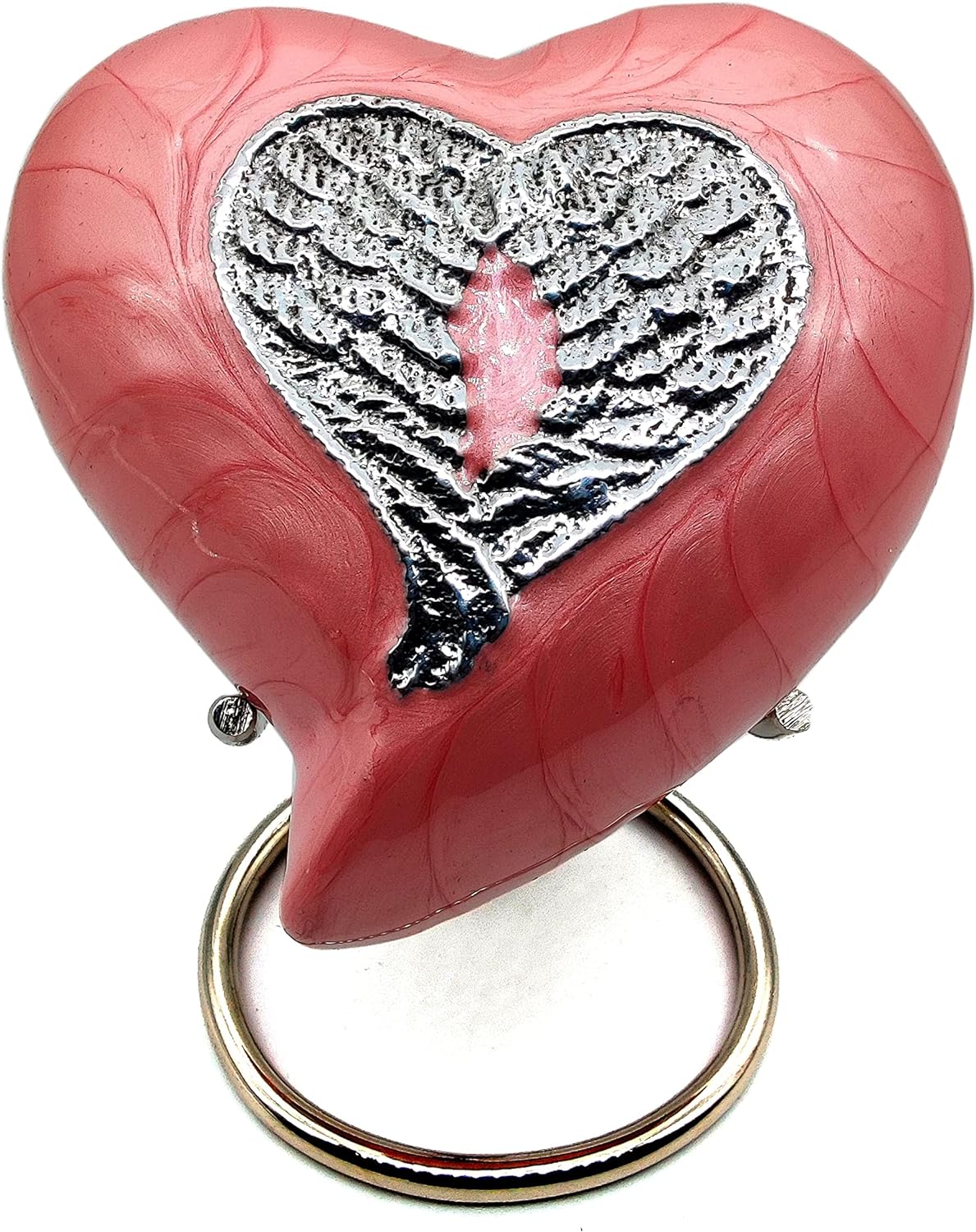 Pink Heart-Shaped Cremation Urn for Adult Human Ashes | Decorative Angel Wings Design | Handcrafted Keepsake Urn with Stand