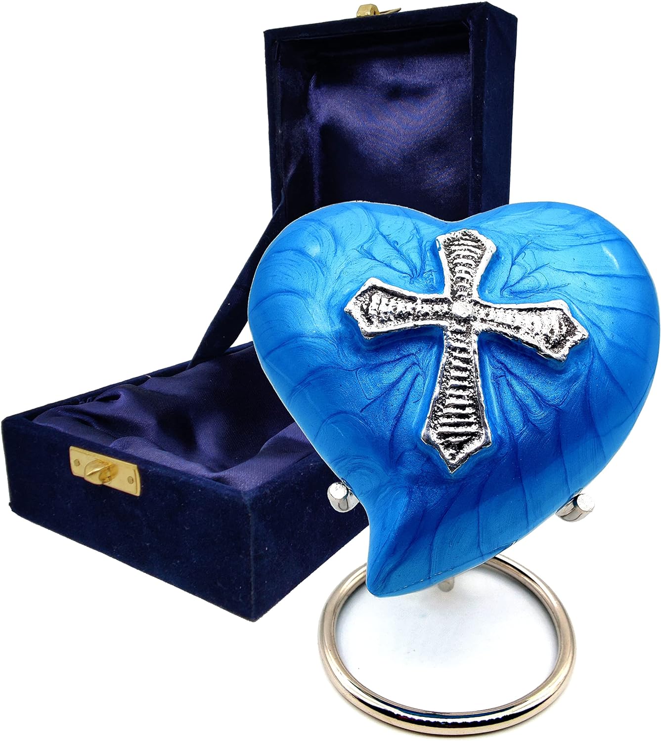 Heart-Shaped Cremation Urn for Adult Human Ashes | Decorative Religious Cross Design | Handcrafted Keepsake Urn with Stand & Gift Box
